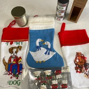 3 Christmas stockings, candle tins, Sparkling Snow candle, shower curtain hooks